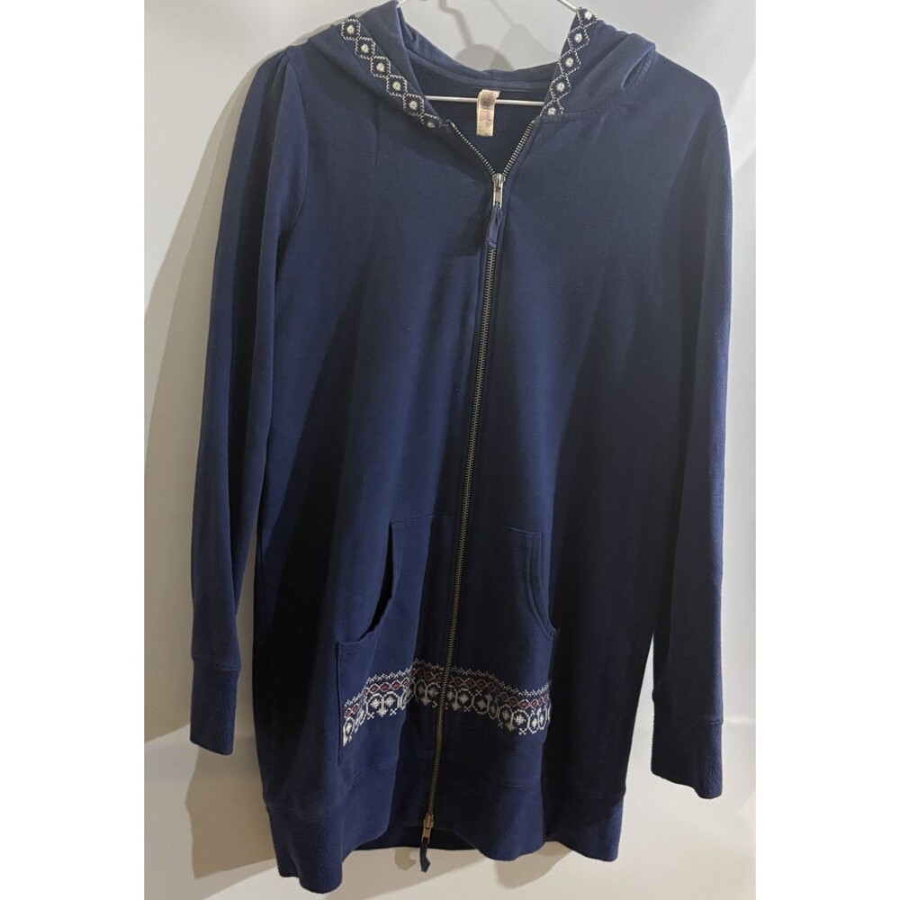 Anthropologie Pink Lotus Women's Blue Fair Isle Full Zip Fleece Hoodie M Pockets